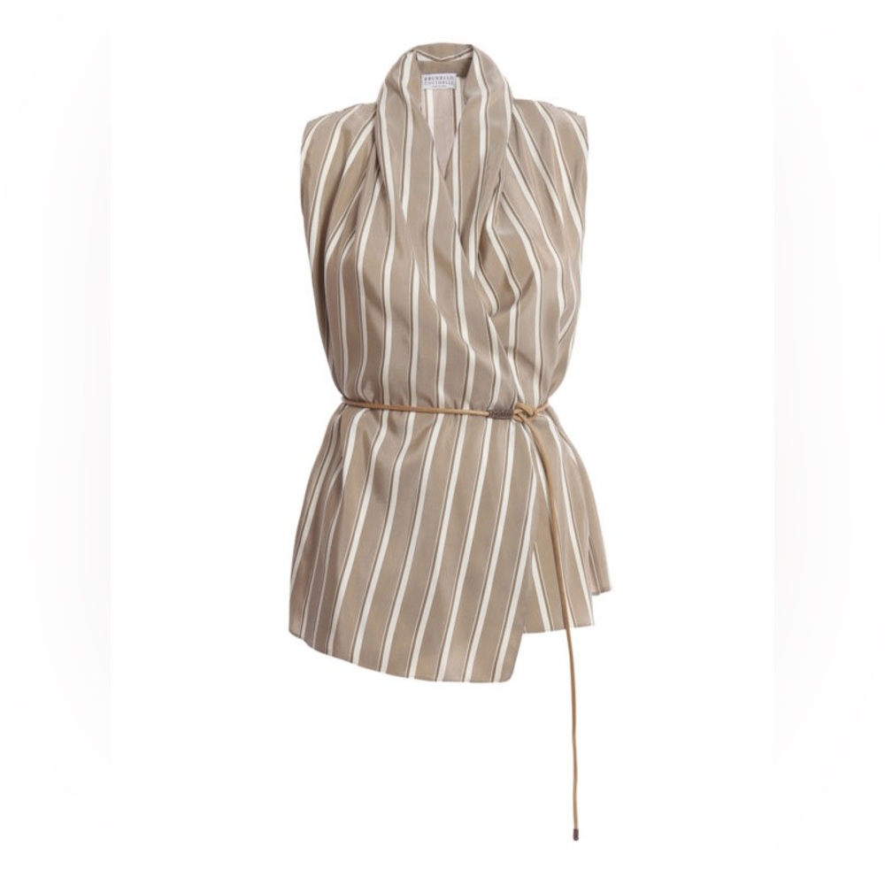BRUNELLO CUCINELLI Striped silk top (open front) w leather belt Dark Beige Small